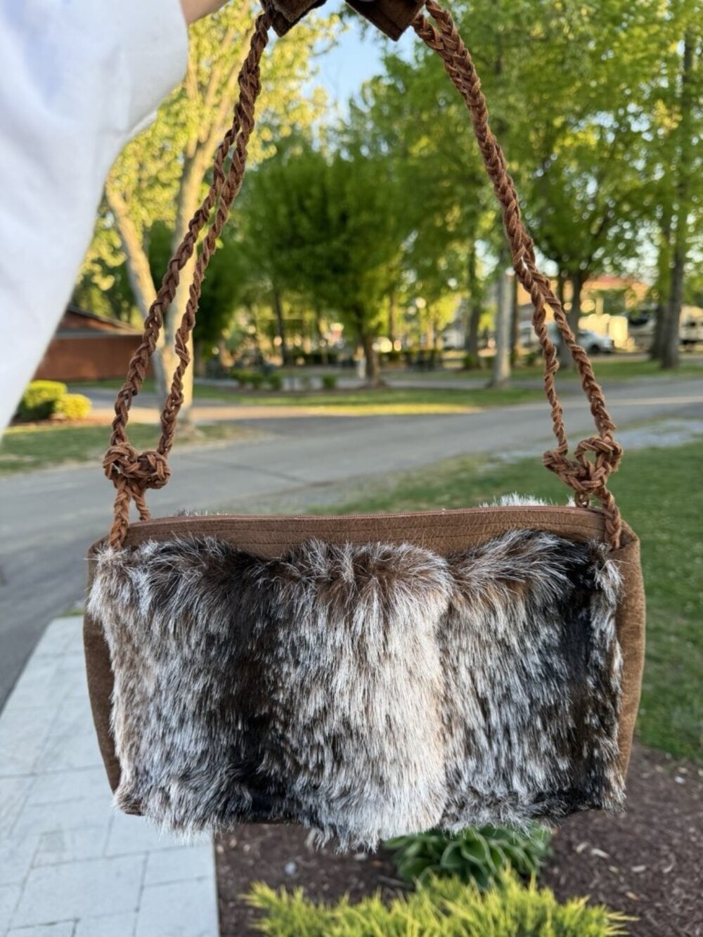 HANDMADE Vintage faux fur leather handles western festival cowgirl shoulder bag